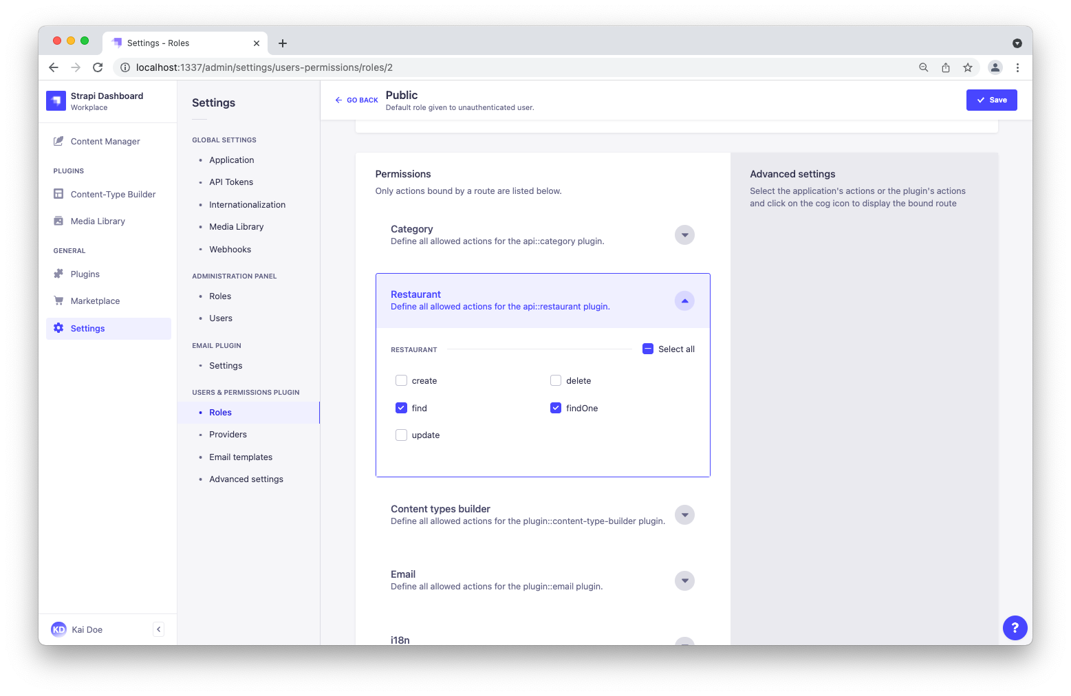 Screenshot: Public Role in Users & Permissions plugin